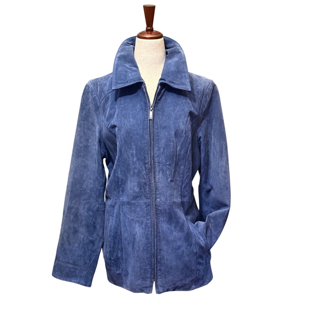 Dennis Basso Blue Suede Leather Zip Front Jacket  Women's Medium